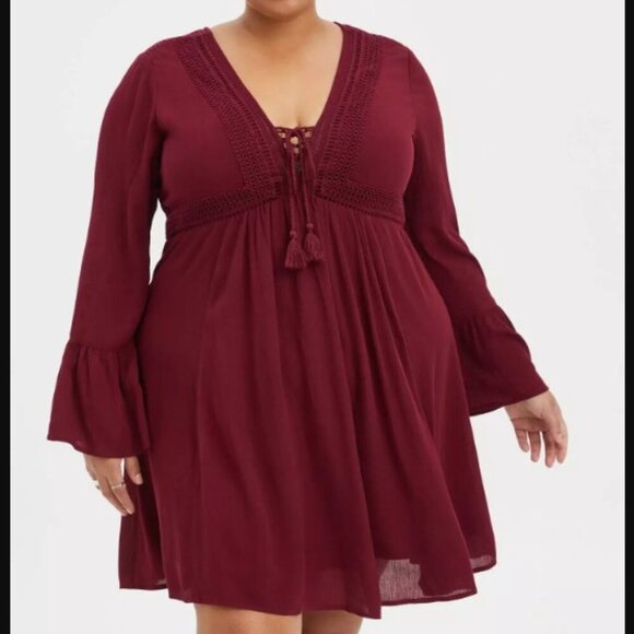 Torrid V Neck Bell Sleeve Gauze Lace Up Skater Dress Size 3 3X 22/24 - Picture 1 of 8